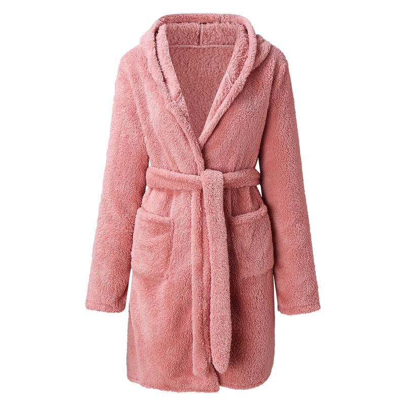 2024 Hot Sale Fall Winter Hooded Home Casual Plush Pajamas Pure Color Warm Keeping Bathrobe Women