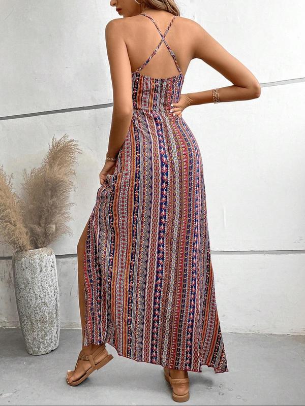 Women's Summer Ethnic Pattern Backless Split Thigh Cami Dress, Ladies Summer Clothes, Back To School Outfits, Boho Fashion Frill Trim Long Dress for Beach, Women's Summer Dresses