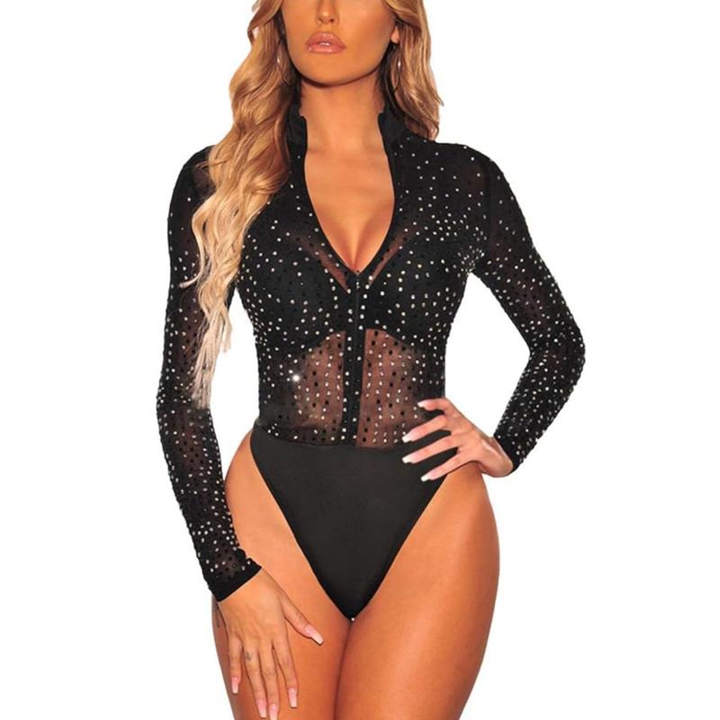 SEBOWEL Women Sexy Long Sleeves Mesh See Through Jumpsuit Party StyleBodysuit Top Leotard