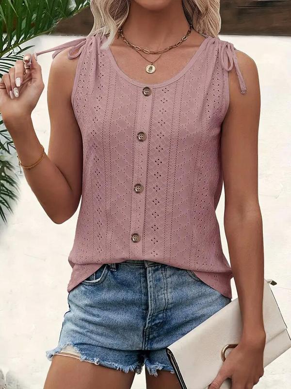 Women's Eyelet Embroidery Drawstring Tie Shoulder Tank Top, Casual Sleeveless Round Neck Button Decor Top, Women's Summer Clothes for Daily Wear, Vacation Outfits 2024