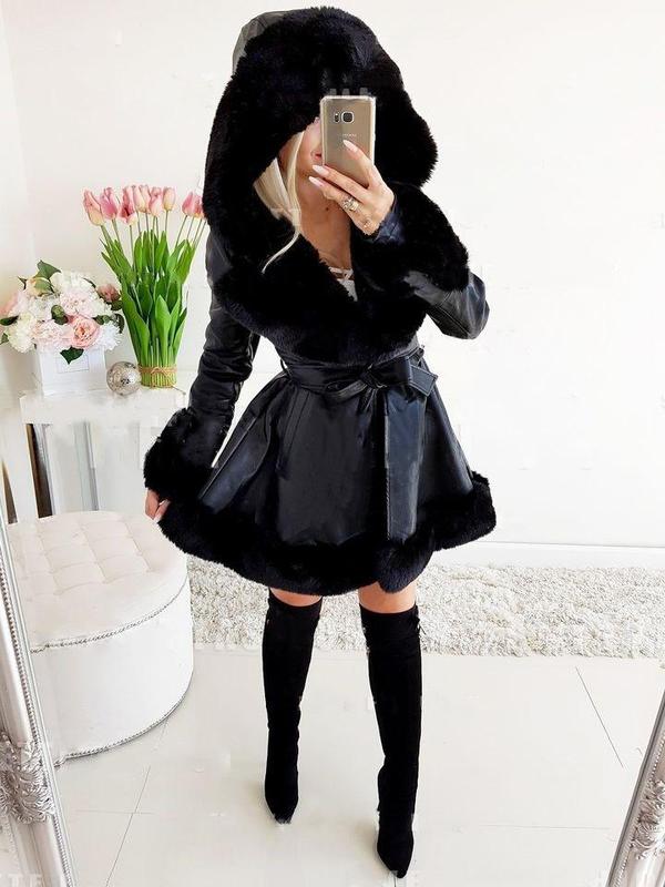 2024 Lapel Classic Style Fur Splicing Coat Women's Winter Warm Ruffled Hooded Jacket Waist-Tight