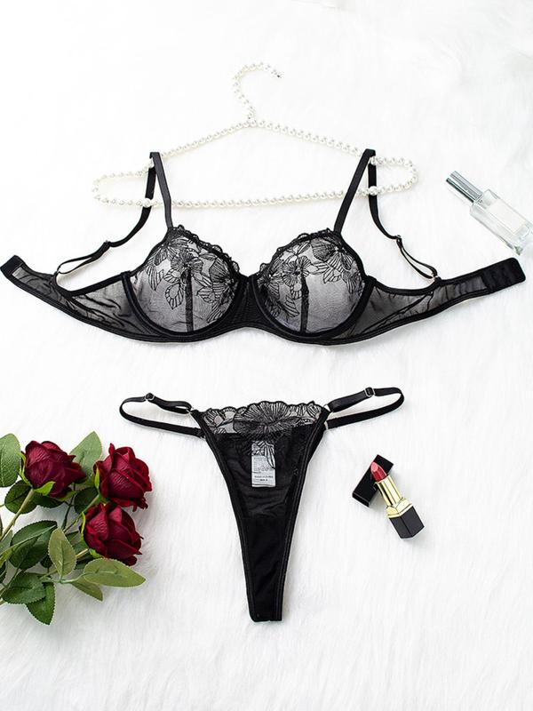 Women's Floral Contrast Lace Underwire Bra & Thong Sexy Lingerie Set, Elegant Romantic Adjustable Strap Backless Bra & Panty Set, Ladies Underwear Set for All Seasons