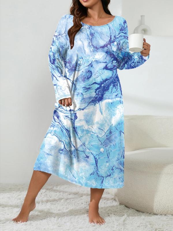  All Over Print Long Sleeve Nightdress, Casual Comfy Round Neck Nightgown for Women, Women's Sleepwear for Spring & Fall