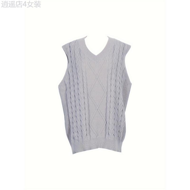 Plus Size Preppy Sweater Vest, Women's Plus Solid Argyle Knit V Neck Slight Stretch Vest Collar Fabric