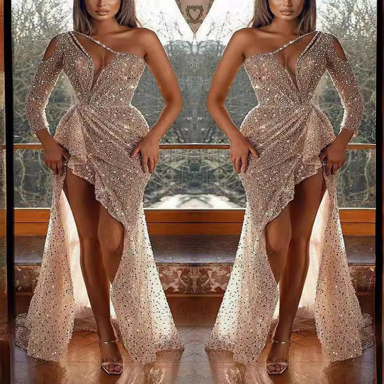 2024 Cross-Border Women's Clothing Dream Socialite Gathering Party Quality Sexy High Split Long Sleeve Sequined Banquet Evening Dress