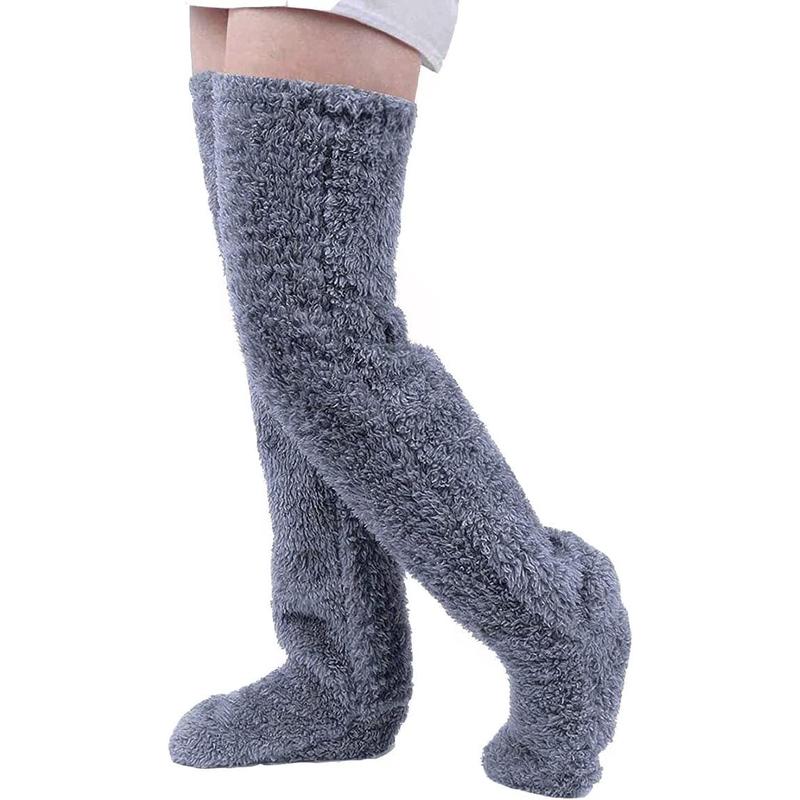 Over Knee High Fuzzy Socks Plush Slipper Stockings Furry Long Leg Warmers Winter Air-Conditioned Home Sleeping Socks