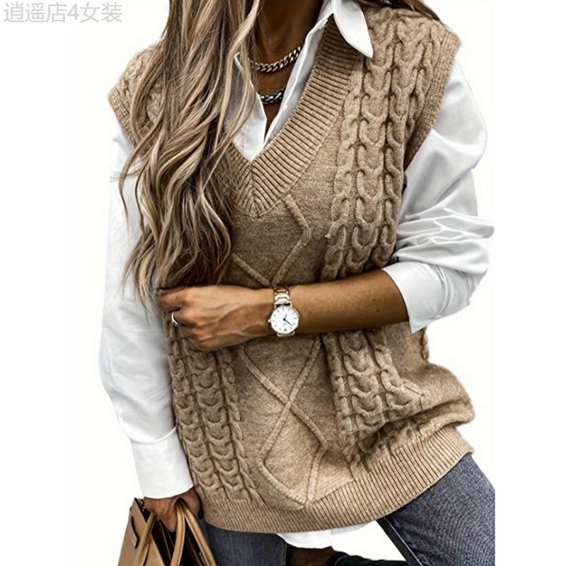 Plus Size Preppy Sweater Vest, Women's Plus Solid Argyle Knit V Neck Slight Stretch Vest Collar Fabric