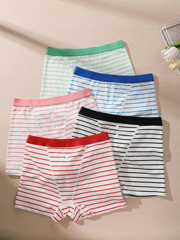 Women's 5pcs Striped Print Button Boyshorts, Soft Comfy Breathable High Stretch Natural Waist Panties, Underwear for Fall, Womenswear Panty Shorts