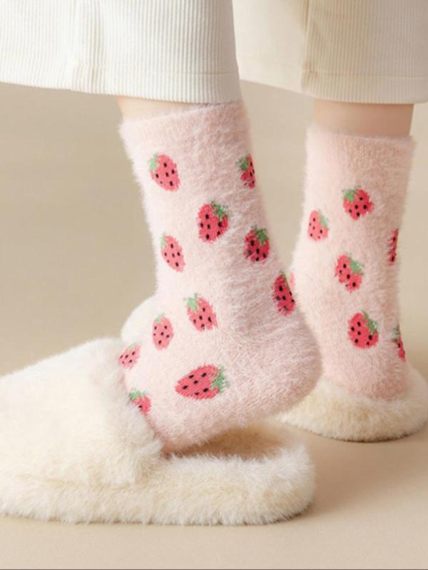 8 Pairs Of Strawberry Furry Socks for Women, Warm Winter Plush Slippers Fuzzy Socks,  Cute Fruit Design Soft Bed Socks, Perfect Gift for Her