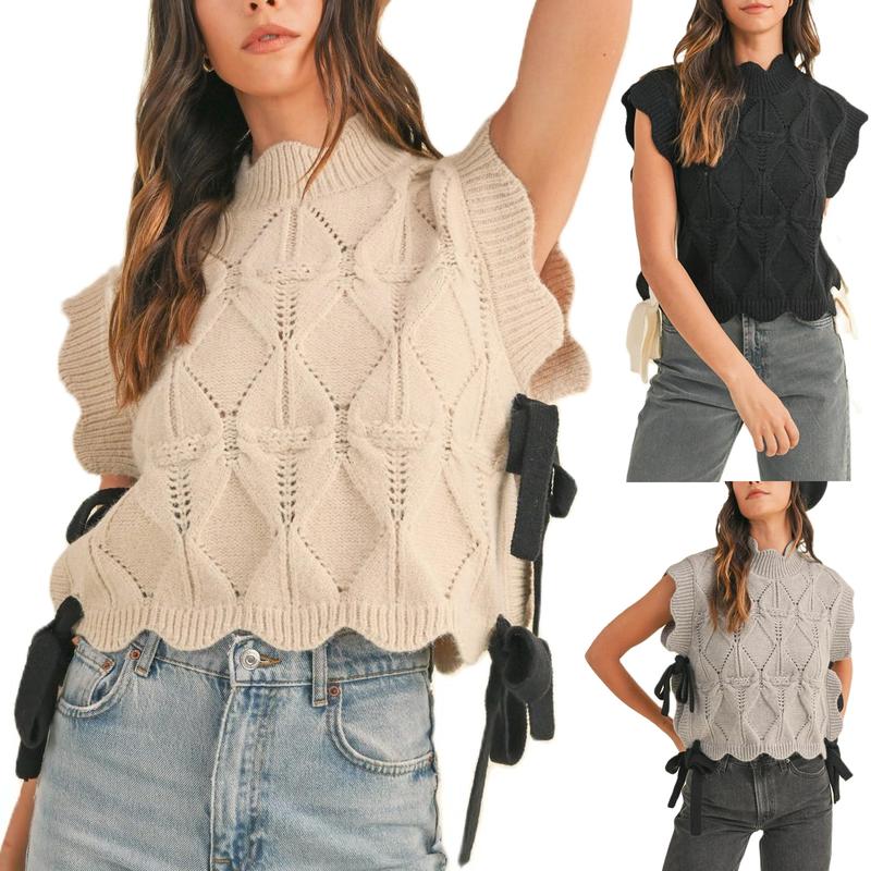 Women Y2K Ribbon Bow Sweater Vest Chunky Cap Sleeve Knit Vest with Bows Casual Lace Up Bandage Crochet Knit Tank Tops