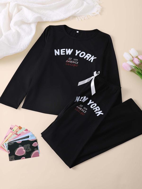 Two-piece Set Women's Letter Print Tee & Elastic Waist Pants Pyjama, Casual Comfy Round Neck Long Sleeve T-shirt & Bow Decor Trousers Pj Set, Ladies Sleepwear for All Seasons