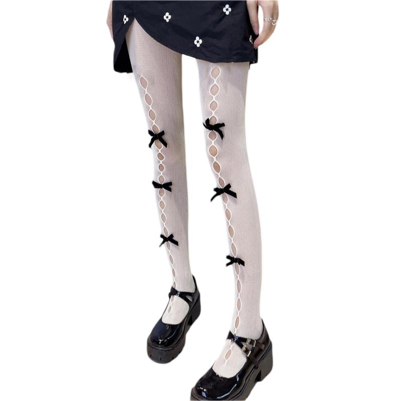 Women Lace Pantyhose Y2K Bow Knot Decors Hollow Out Sheer Comfortable Tights Lolita Fishnet Stockings Sexy Leggings for Party Club