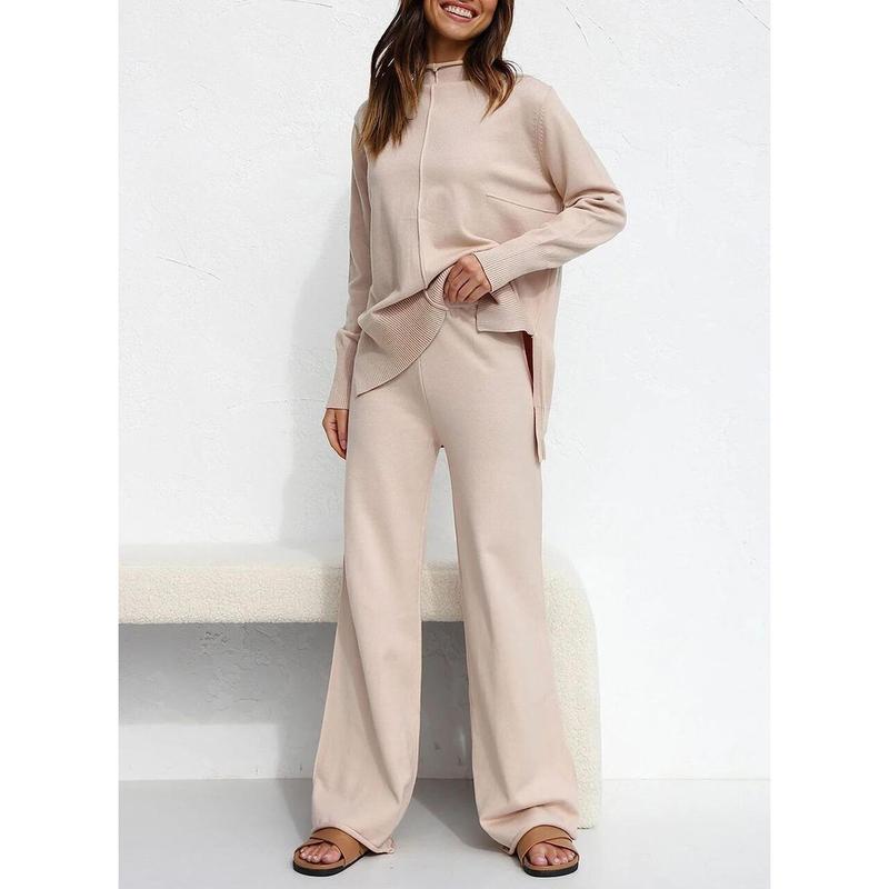 Dokotoo Lounge Sets for Women 2024 Fall 2 Piece Knit Outfits Long Sleeve Pullover Tops Wide Leg Pants Sweaters Tracksuits