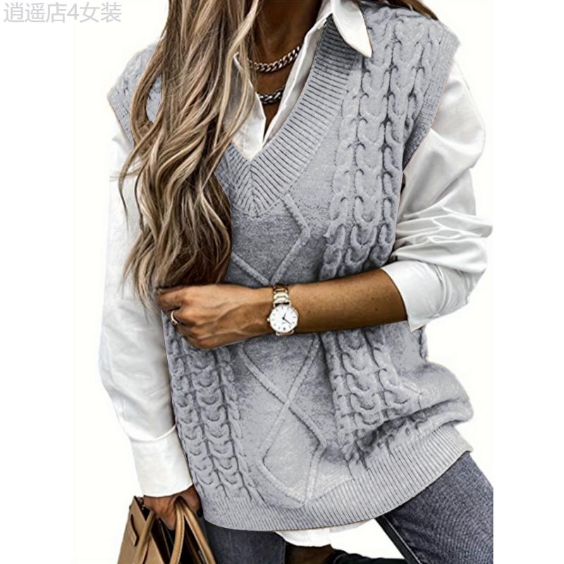 Plus Size Preppy Sweater Vest, Women's Plus Solid Argyle Knit V Neck Slight Stretch Vest Collar Fabric