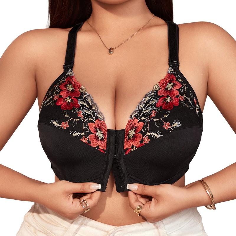 Plus Size Wireless Tank Bra - Convenient Front Closure, Embroidery, Push-Up, Ultra-Comfy, Back Support- Elegant Womens Lingerie And Underwear Fabric Womenswear Piece