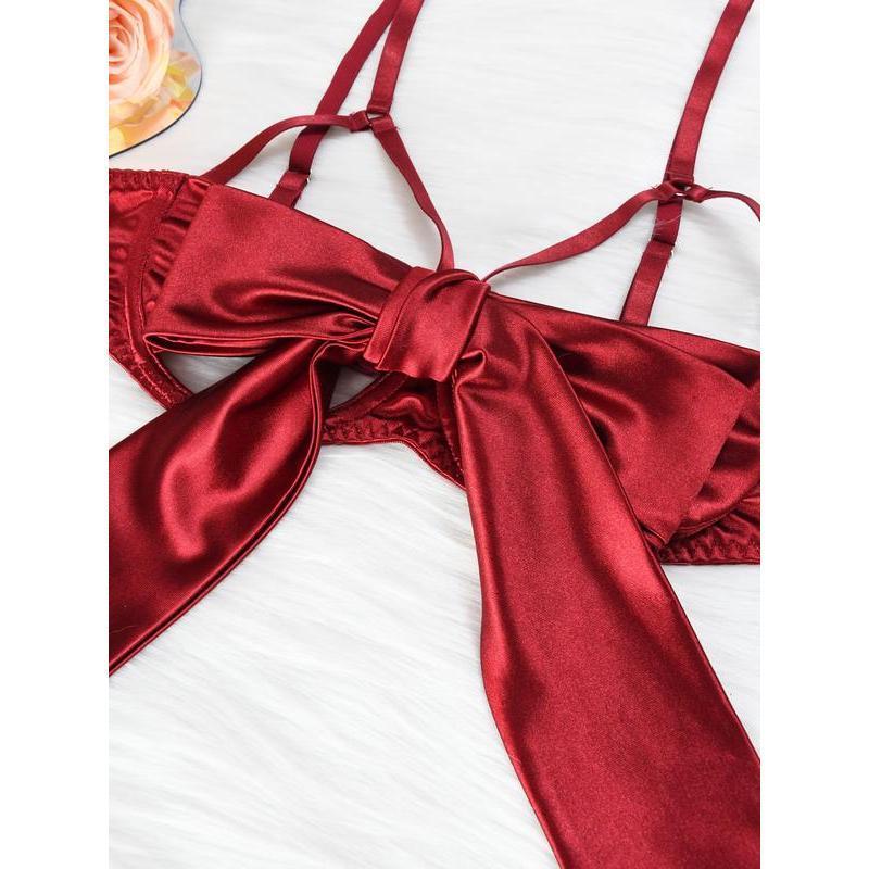 Women's 6pcs Sexy Silk Bow Front Push Up Bra Lingerie Set,Comfortable Underwear, girls conquet te outfit Nightdress Red  Black lingerieset Womenswear Lady sexy Sleepwear Elegance Feminine Basic Minimalist Nightgown Elegant Nightwear Spaghetti Strap