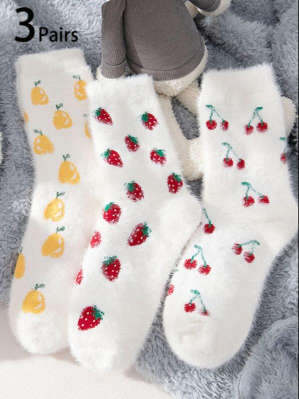 8 Pairs Of Strawberry Furry Socks for Women, Warm Winter Plush Slippers Fuzzy Socks,  Cute Fruit Design Soft Bed Socks, Perfect Gift for Her