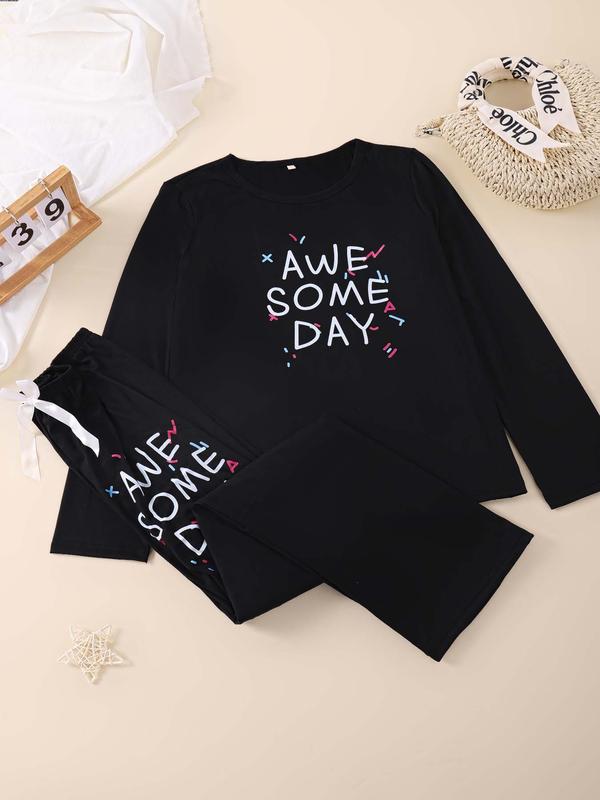 Two-piece Set Women's Letter Print Tee & Elastic Waist Pants Pyjama, Casual Comfy Round Neck Long Sleeve T-shirt & Bow Decor Trousers Pj Set, Ladies Sleepwear for All Seasons