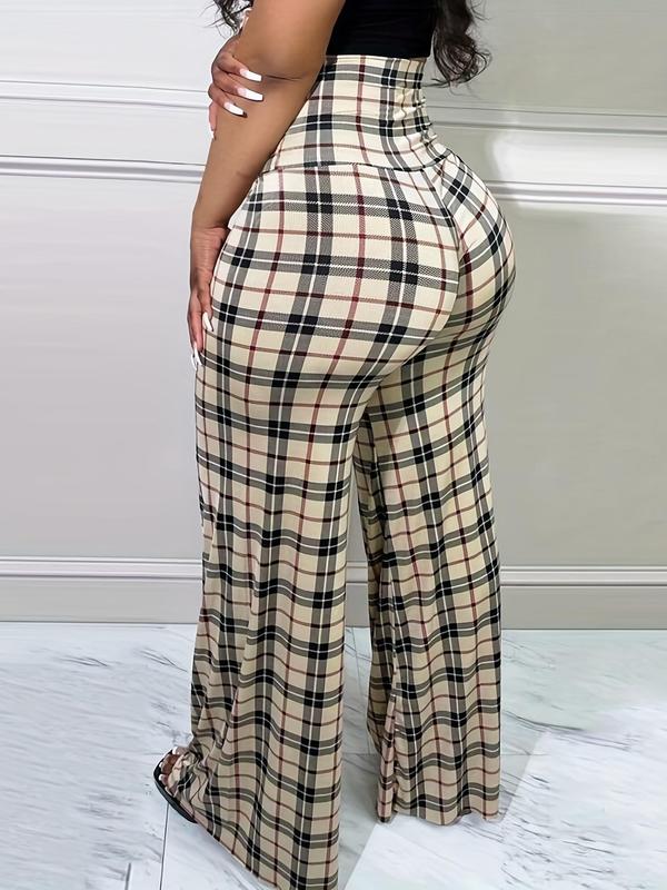 Women's Houndstooth   Plaid Print Elastic Waist Wide Leg Pants, Casual Comfy Trousers for Spring & Fall, Women's Bottoms for Daily Wear