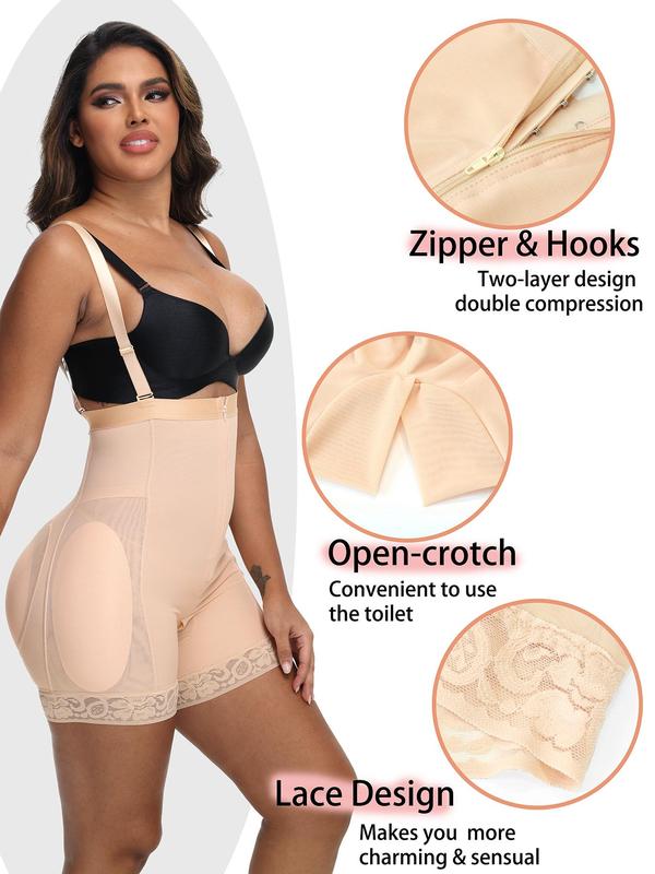 Women's Contrast Lace Zipper Fly Shapewear Shorts with Four Pads, Adjustable Strap Back To School Shapewear Bottoms, High Stretch Tummy Control Butt Lifter, Tummy Hiding Body Shapewear Clothes, Summer Wear