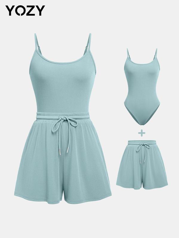 YOZY [10 colors, size 0 2-14]  Adjustable Strap Cami Bodysuit & Drawstring Wide Leg Shorts Set  Casual Round Neck Sphaghetti Strap Bodysuit & Elastic Shorts Set, 2024 Women's Wear for Summer, [XS-XXL]