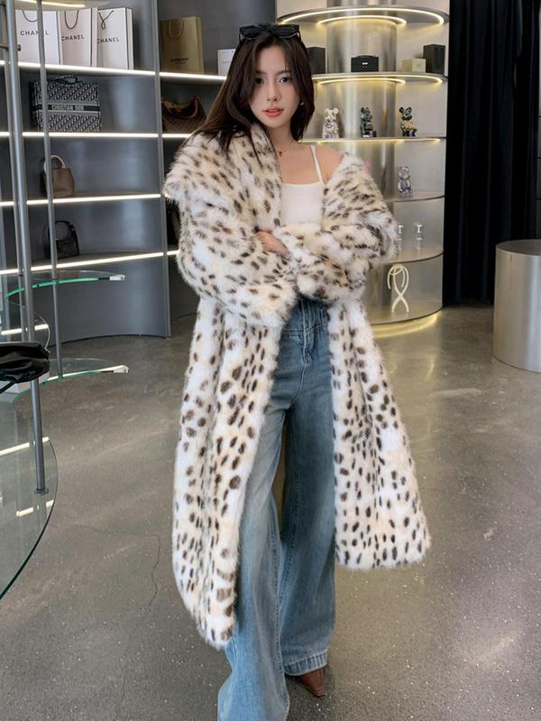 Women's Leopard Print Faux Fur Coat, Casual Long Sleeve Waterfall Collar Fuzzy Coat for Fall & Winter, Women's Clothing for Daily Wear