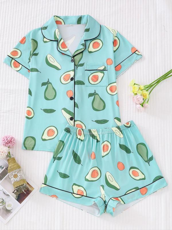 Two-Piece Set Women's Back To School All Over Fruit Print Button Front Shirt & Elastic Waist Shorts Pajama Set, Cute Short Sleeve Lapel Top & Shorts Pj Set, Summer Sleepwear Set, Two Piece Set Women, Summer Wear 2024, Homewear, Birthday Gifts