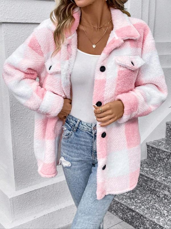 Women's Plaid Print Button Front Flap Pocket Fuzzy Flannel Jacket, Casual Drop Shoulder Long Sleeve Collared Outerwear for Fall & Winter, Ladies Clothes for Daily Wear