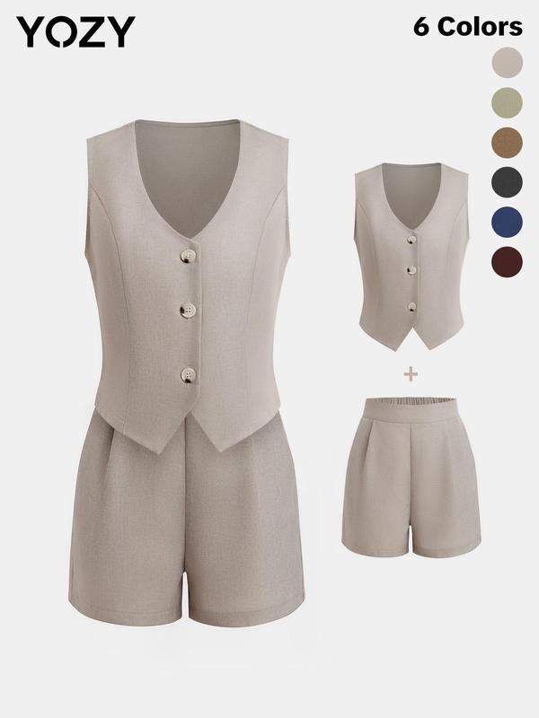 YOZY [9 colors] V Neck Button Front Blazer Vest & Pleated Wide Leg Shorts Set, Elegant Fashion Casual Tank Top & Elastic Waist Shorts Set, 2024 Women's Daily Outdoor Wear for Summer