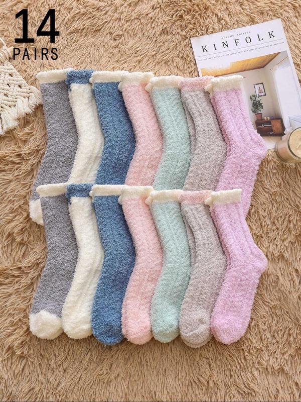 Women's 7 Pairs Colorblock Fuzzy Crew Socks, Stocking Gifts, Soft Comfy Warm Mid-calf Socks for Fall & Winter, Women's Socks for Daily Wear, Women's Gift Set, Cold Weather Gear, Fall Wear, Fallfreshness