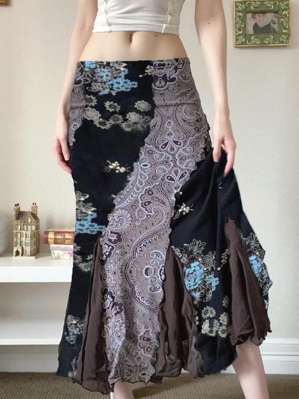 Women's Patchwork Print Contrast Mesh A Line Skirt, Boho Fashion Midi Skirt for Daily Holiday Vacation Wear, Women's Bottoms for Fall & Winter