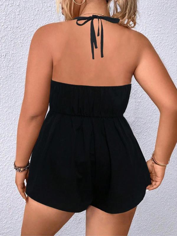  Contrast Lace Backless Halter Cami Romper, Solid Contrast Mesh Sleeveless Tie Back Romper for Summer, Women's Clothing for Daily Wear