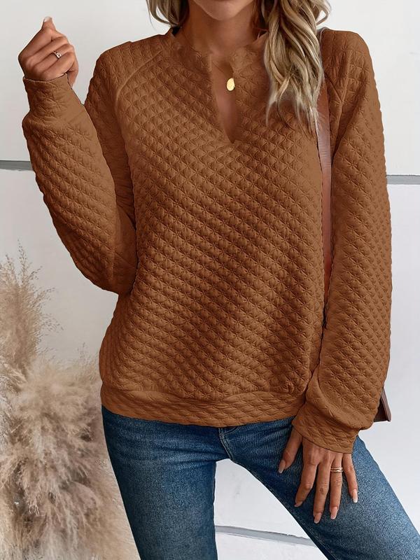 Women's Plain Notched Neck Jacquard Knit Sweatshirt, Fall Outfits, Casual Raglan Sleeve Pullover for Fall & Winter, Women's Fall Clothes for Daily Wear