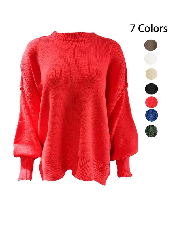 Women's Plain Split Hem Drop Shoulder Sleep Top, Casual Long Sleeve Mock Neck Jumper for Spring & Fall, Fashion Ladies' Knitwear for Daily Wear