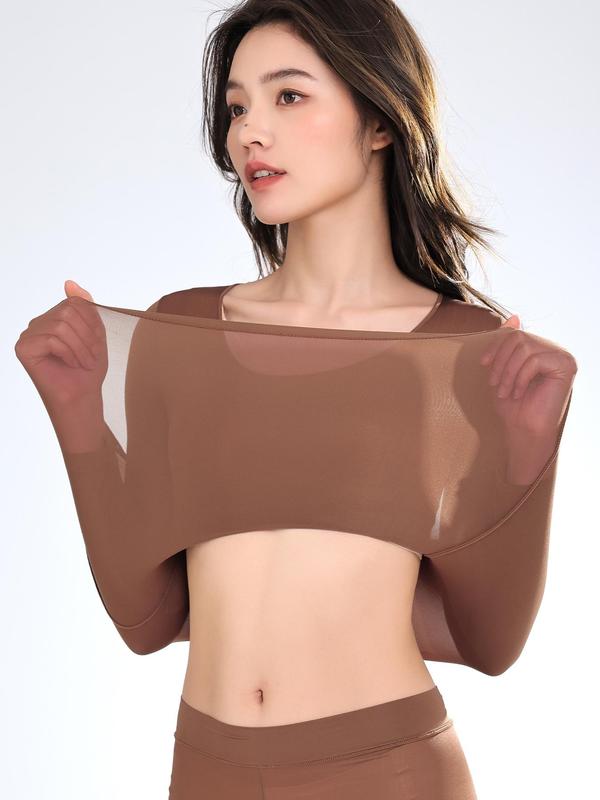 Women's Solid Color Sheer Thermal Underwear Top, Casual Comfy High Stretch Long Sleeve Top for Fall & Winter, Women's Thermal Underwear for Daily Wear