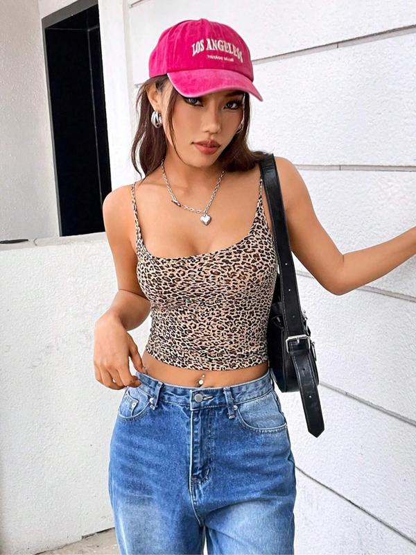 Women's Leopard Print Backless Crop Cami Top, Casual Spaghetti Strap Camisole for Summer, Ladies Clothes for Daily Wear, Fall Clothes