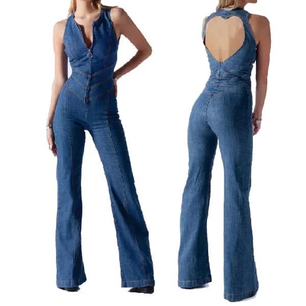 High-Waist Retro Slim Denim Jumpsuit