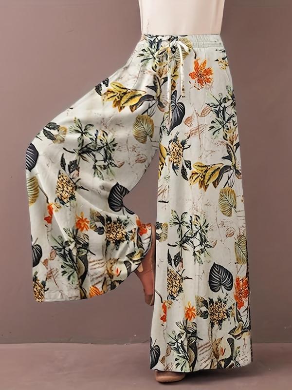 Women's Floral Print Tie Front Elastic Waist Wide Leg Pants, Boho Comfy Loose Trousers for Daily Holiday Vacation Wear, Ladies Bottoms for Spring & Fall