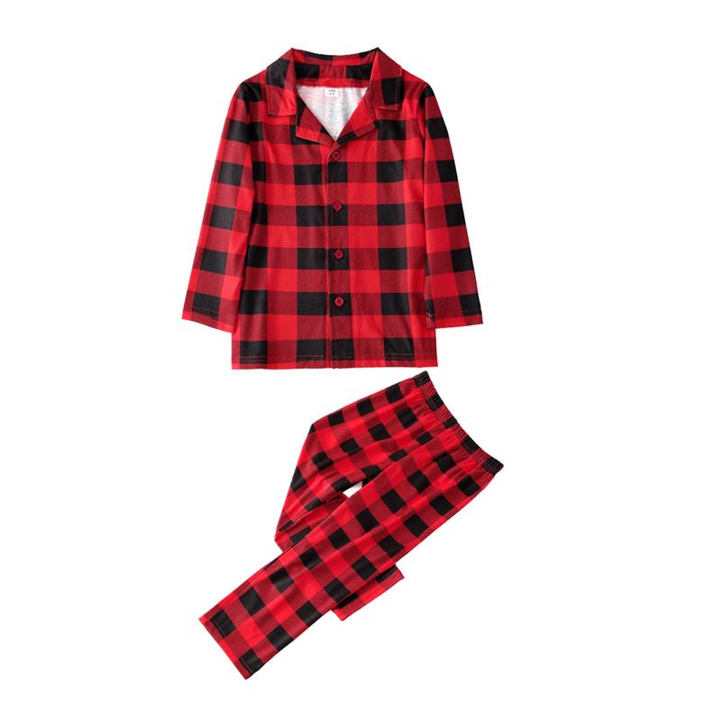 Red Black Matching Christmas Pajamas For Family, Plaid Print Long Sleeve Lapel Shirt, Pants, Dress, Jumpsuit, Dog Triangular Bib