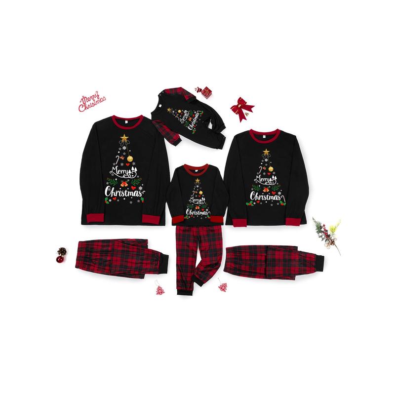 Matching Christmas Pajamas For Family, Letter & Snowflake Print Long-Sleeved Tops + Plaid Trousers Sleepwear Outfits