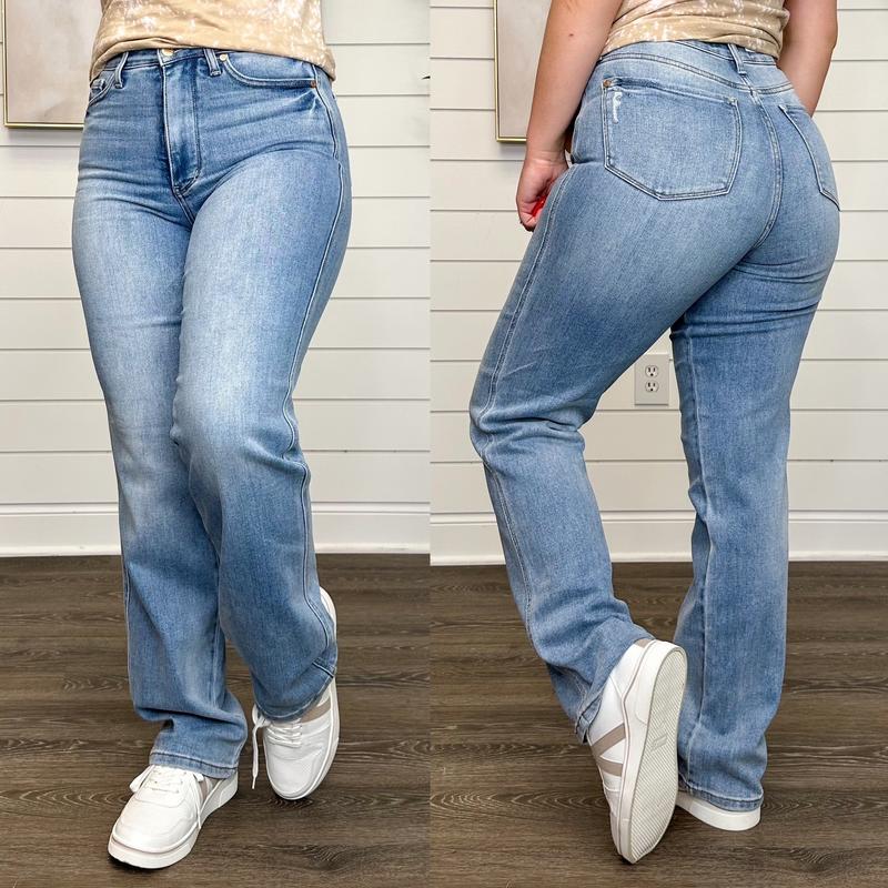 Judy Blue Carissa Tummy Control High Rise Straight Leg Medium Contrast Wash Jeans