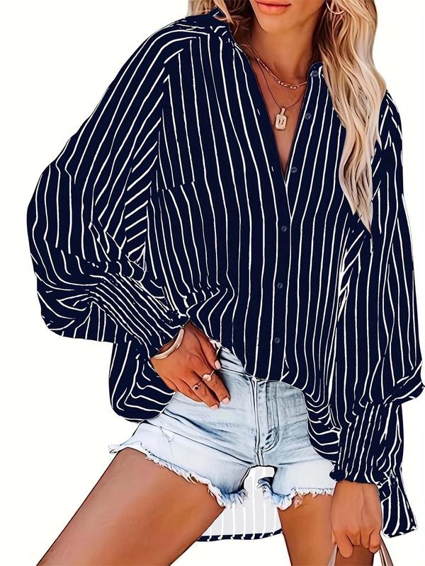 Women's Striped Print Flounce Sleeve Button Front Shirt, Casual Long Sleeve Collared Pocket Top for Spring & Fall, Women's Clothes for Daily Wear, Stockholm Outfit Style