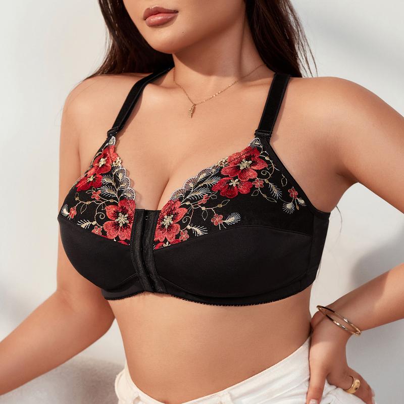 Plus Size Wireless Tank Bra - Convenient Front Closure, Embroidery, Push-Up, Ultra-Comfy, Back Support- Elegant Womens Lingerie And Underwear Fabric Womenswear Piece