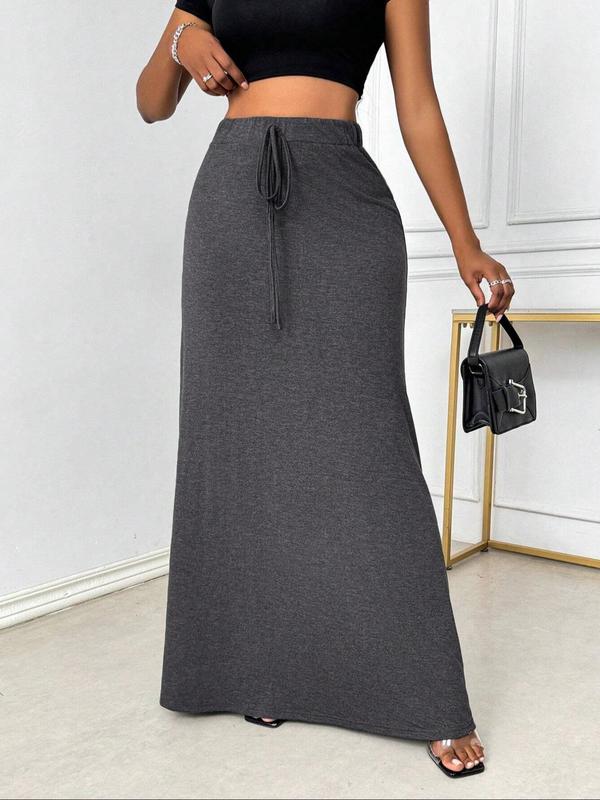  Solid Drawstring Waist A Line Skirt, Elegant Fashion Casual Long Skirt for Daily Outdoor Wear, Women Clothing for All Seasons