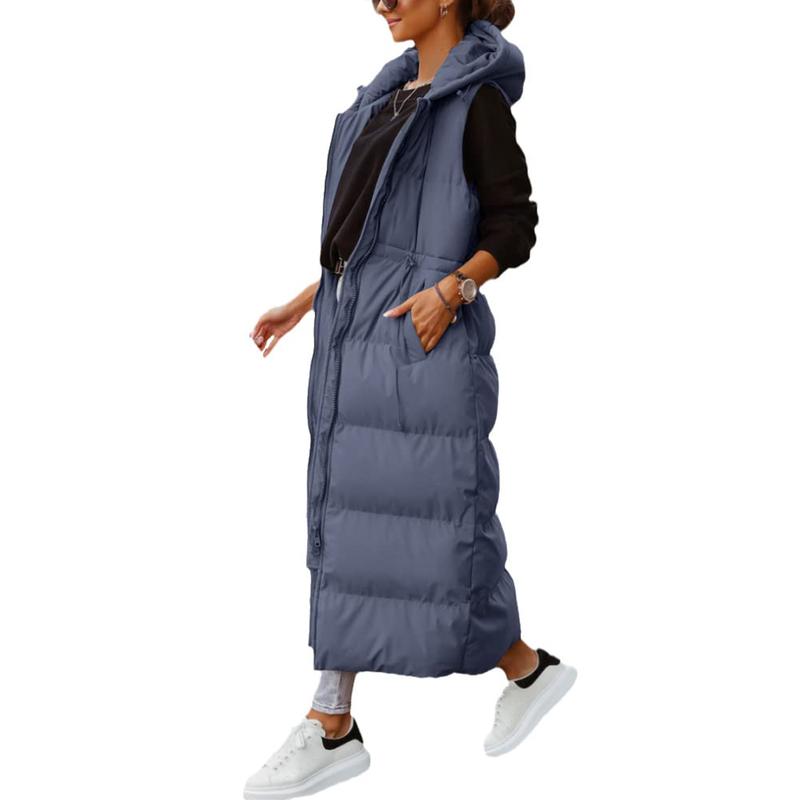 Tankaneo Women's Long Quilted Vest Hooded Maxi Length Sleeveless Puffer Vest Padded Coat Winter Outerwear