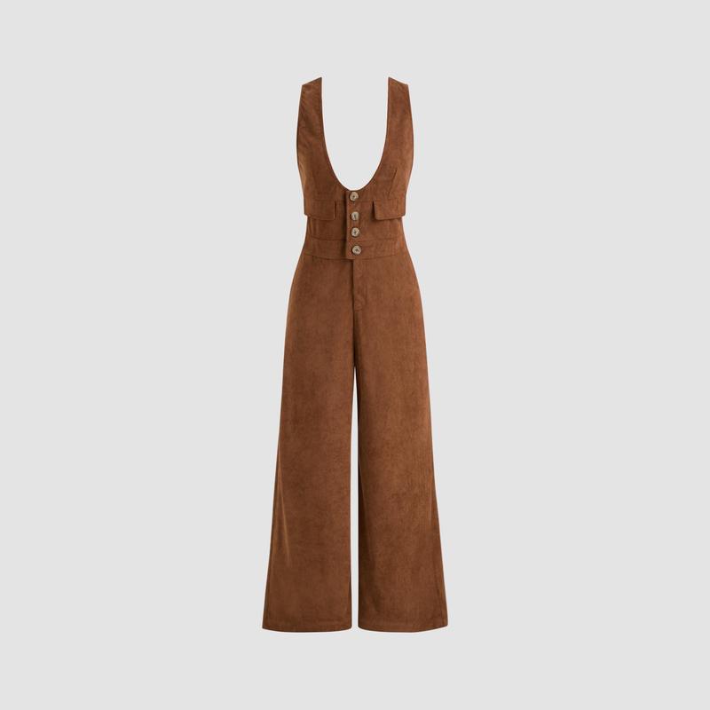 Cider [3 colors, size 2-10] Corduroy Scoop Neckline Solid Button Pocket Overall Jumpsuit