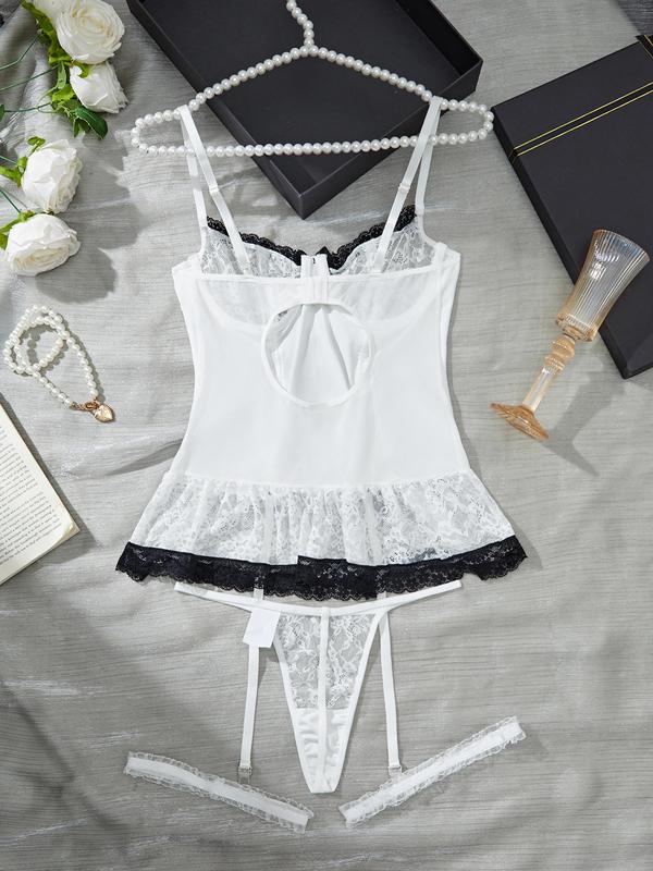 Women's Bow Front Contrast Binding Lace Top & Thong Set, Sexy Sheer Lingerie Set for Women, Fashion Comfy Women's Underwear Set for All Seasons