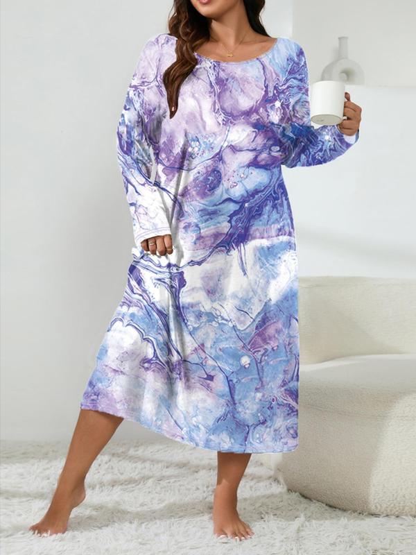  All Over Print Long Sleeve Nightdress, Casual Comfy Round Neck Nightgown for Women, Women's Sleepwear for Spring & Fall