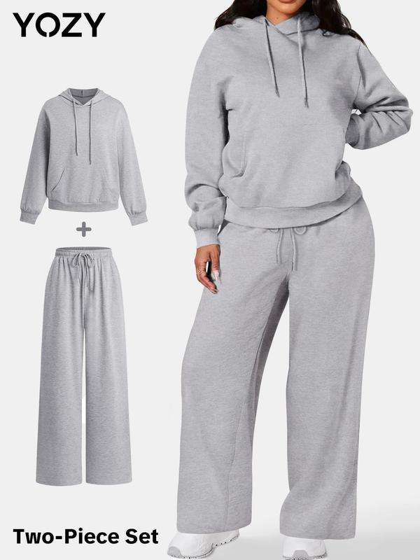 YOZY Drawstring Hoodie & Pocket Pants Set  Casual Plain Kangaroo Pocket Hooded Sweatshirt & Elastic Waist Wide Leg Trousers, 2024 Women's Daily Wear for Spring & Fall