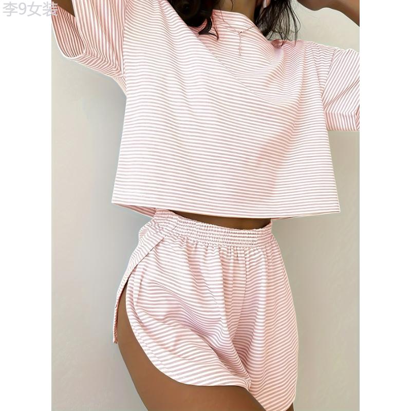 Cozy  Print Pajama Set for Women - Soft Short Sleeve Round Neck Crop Top, Side Split Shorts, Comfortable Relaxed Fit, Breathable Fabric, Perfect for Lounging and Sleeping Loungewear Pants Nightwear Womenswear Collar Spandex Homewear Pjs Casual